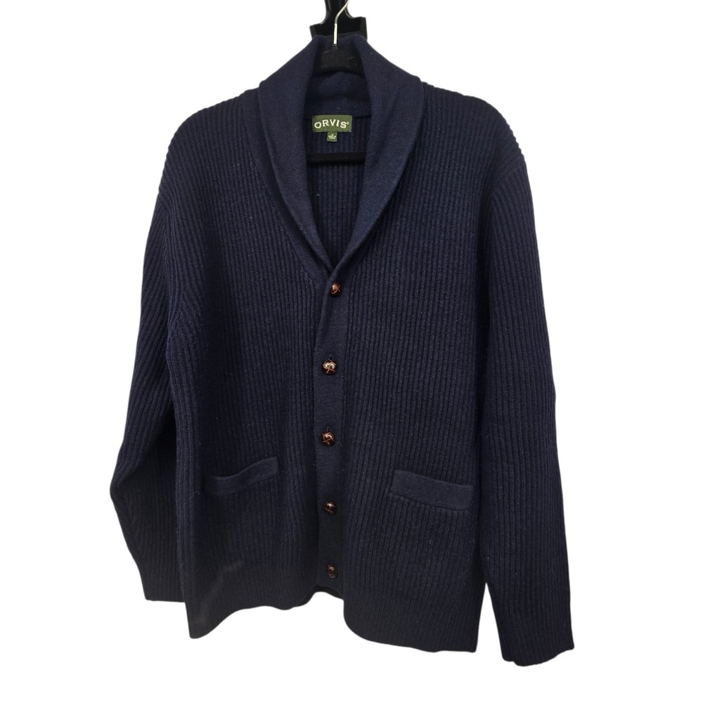 Vintage‎ Orvis Lambswool Cardigan Mens MED Navy Blue Leather Buttons Grandpa Dad